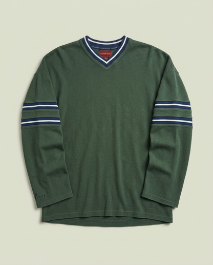 Vintage Higher State Green Striped V-Neck Sweatshirt XL Preppy Bloke