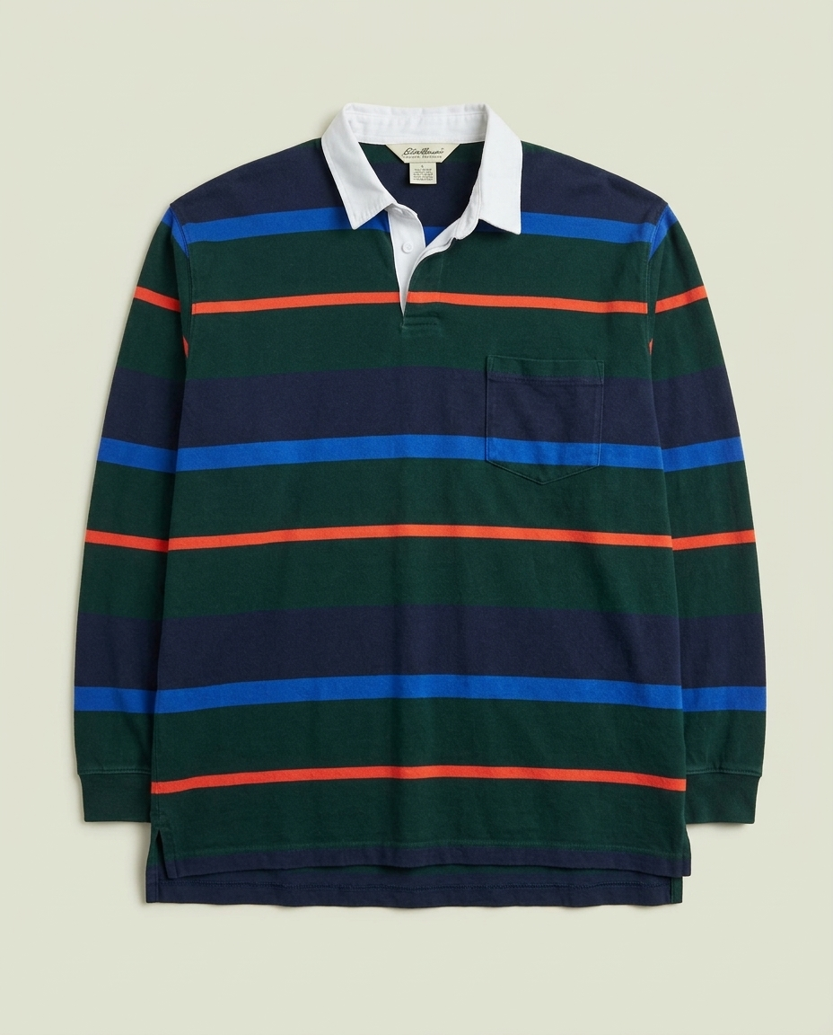 Vintage Eddie Bauer Green Navy Orange Stripe Rugby Polo LT Preppy