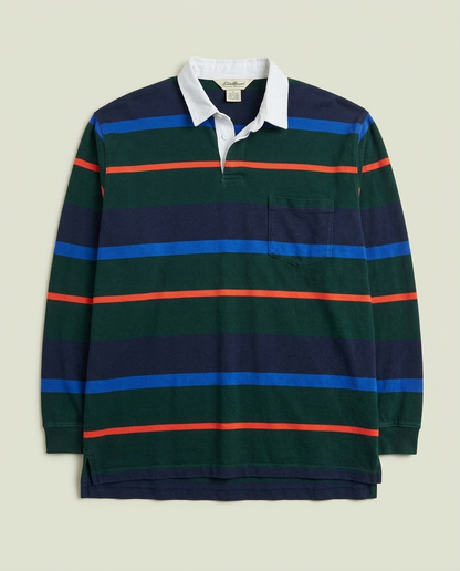 Vintage Eddie Bauer Green Navy Orange Stripe Rugby Polo LT Preppy
