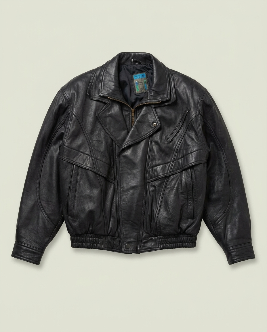 Vintage YES Black Genuine Leather Bomber Jacket L Mob Minimalist