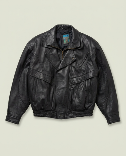 Vintage YES Black Genuine Leather Bomber Jacket L Mob Minimalist