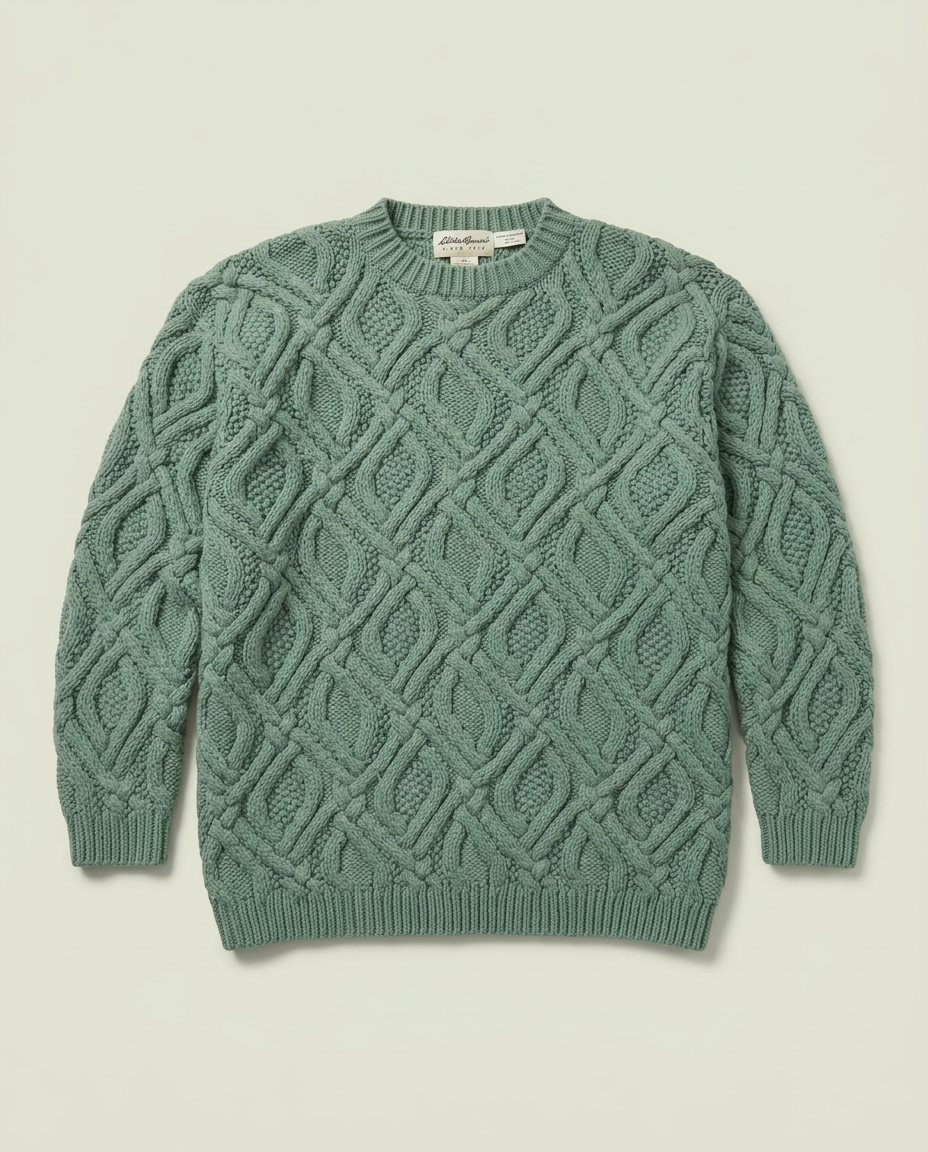 Vintage Eddie Bauer Sage Green 3D Knit Chunky Fisherman Sweater L Preppy