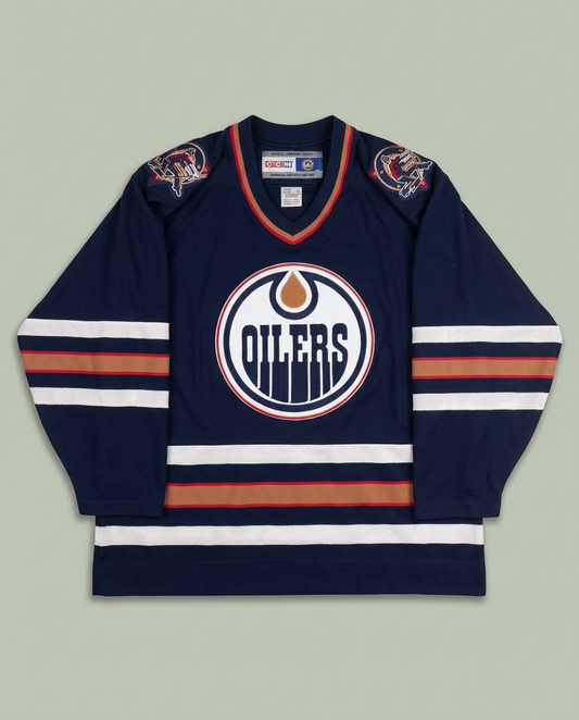 Vintage CCM Navy Blue Edmonton Oilers NHL Hockey Jersey Large
