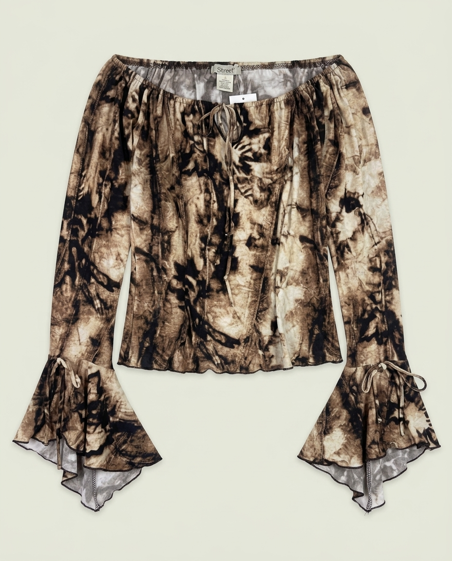 Y2K Sirens Brown Tie Dye Flare Bell Sleeve Blouse M Dark Fairy Grunge