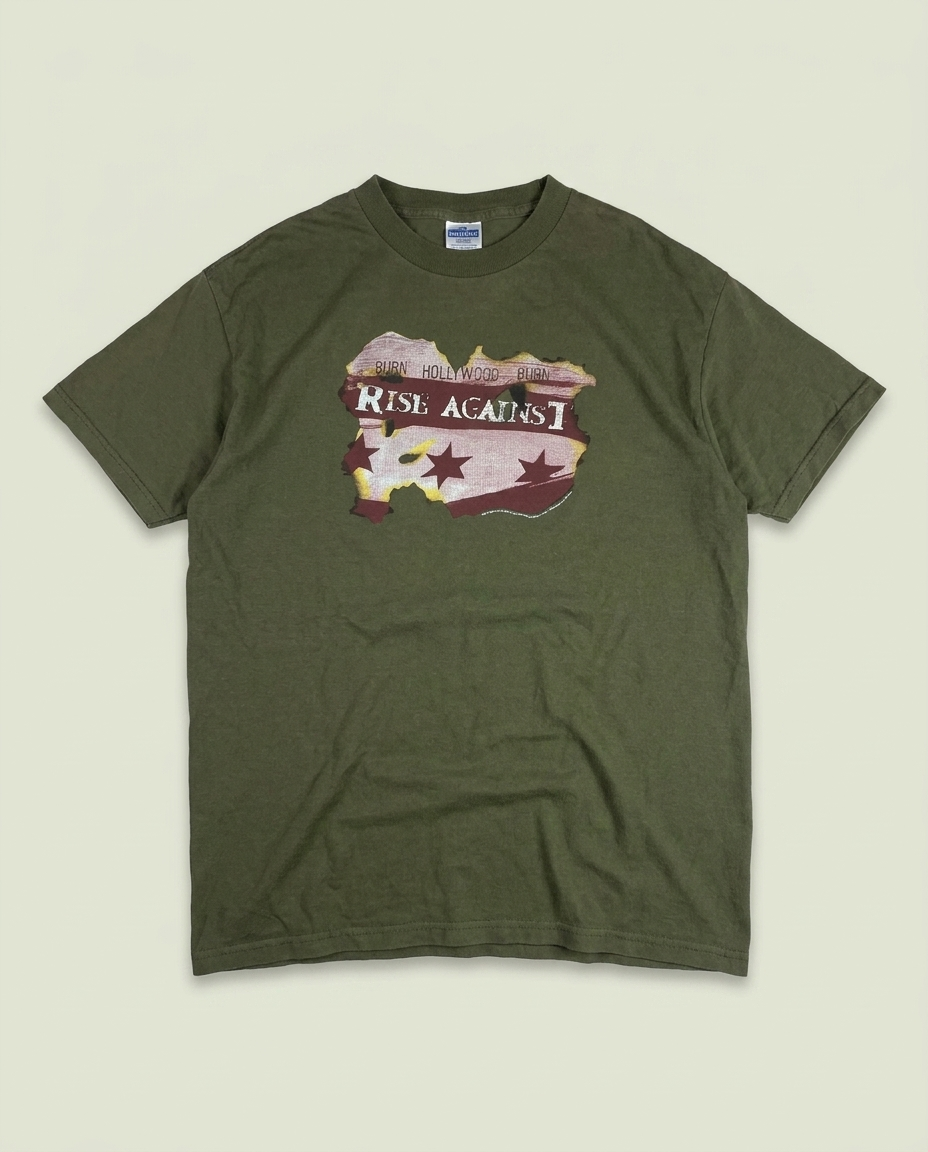 Vintage Rise Against Olive Green Burn Hollywood Burn Band T-Shirt M Grunge