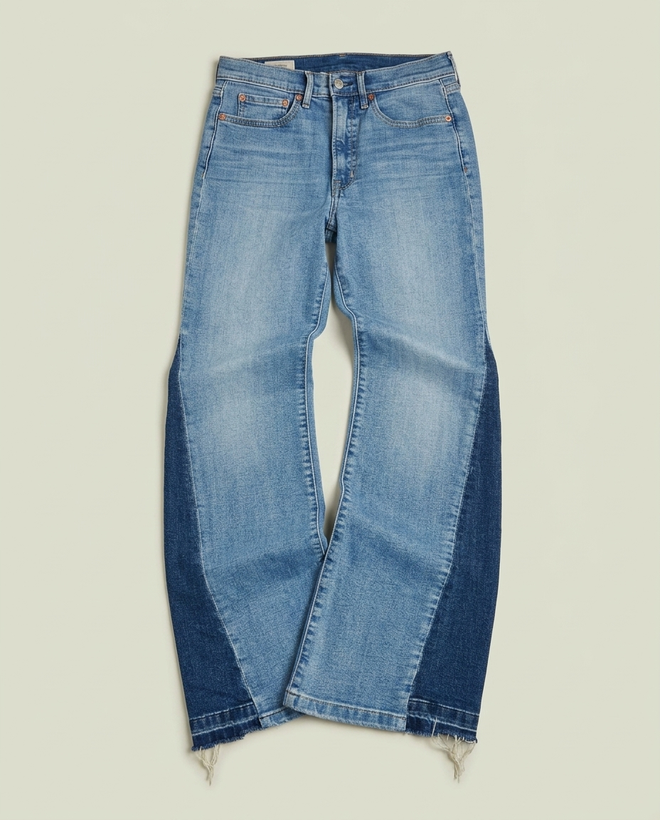 Gap Two-Tone Medium Indigo '70s Flare High Rise Panelled Jeans 28 Raw Hem