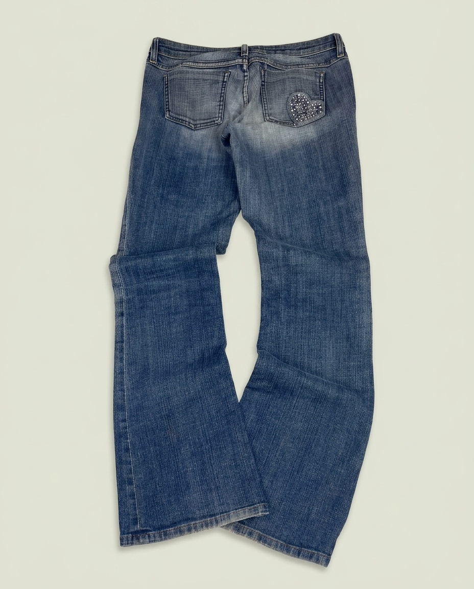 Y2K Juicy Couture Blue Rhinestone Heart Bootcut Jeans 29 Coquette Gyaru