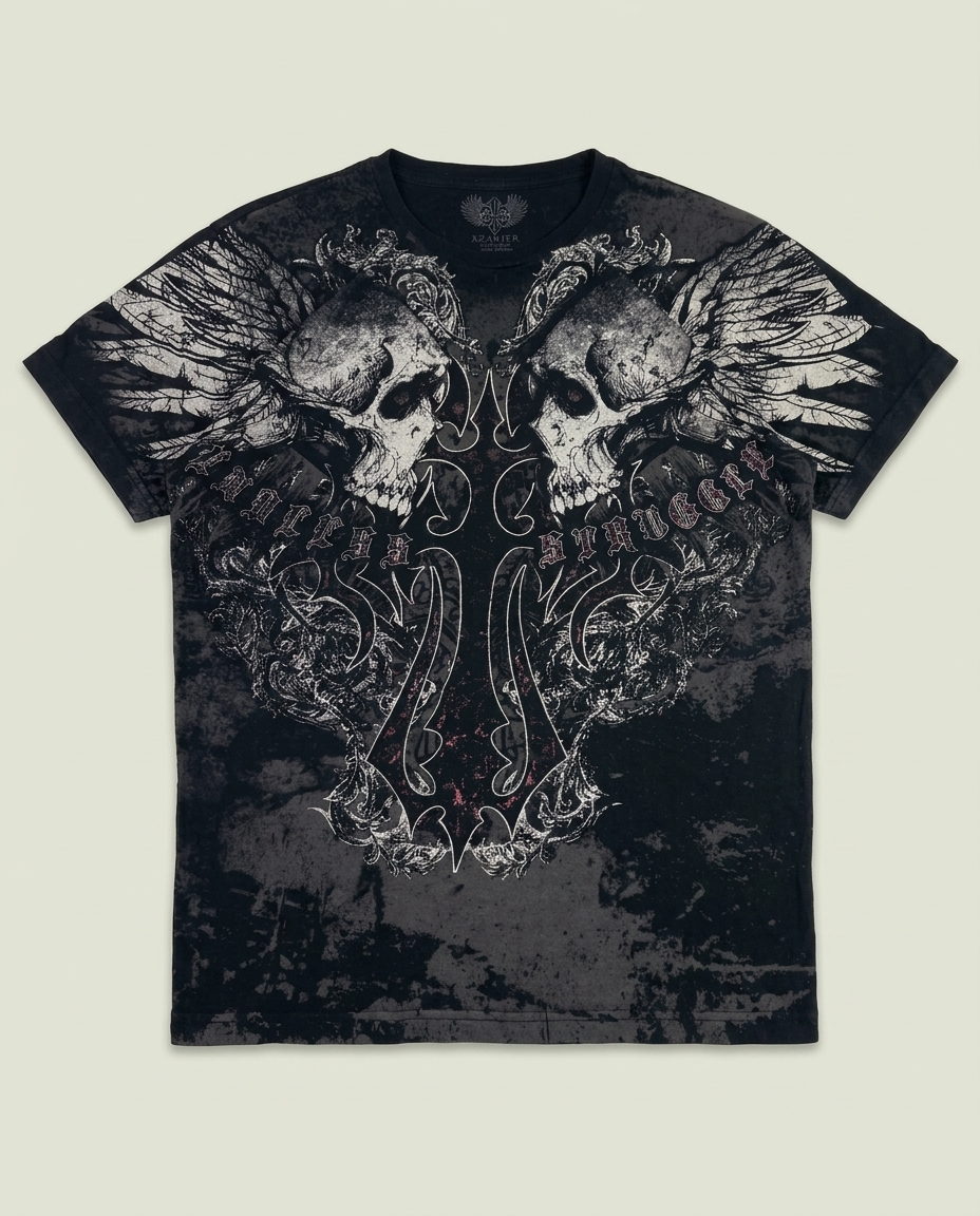 Y2K Xzavier Black Skull Wing Cross Graphic T-Shirt XL Grunge Metal Streetwear