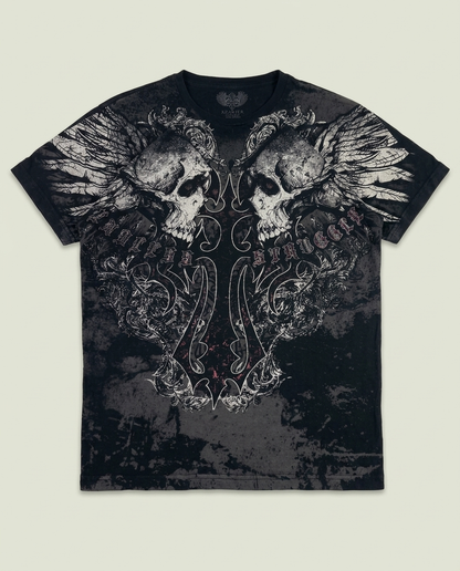 Y2K Xzavier Black Skull Wing Cross Graphic T-Shirt XL Grunge Metal Streetwear