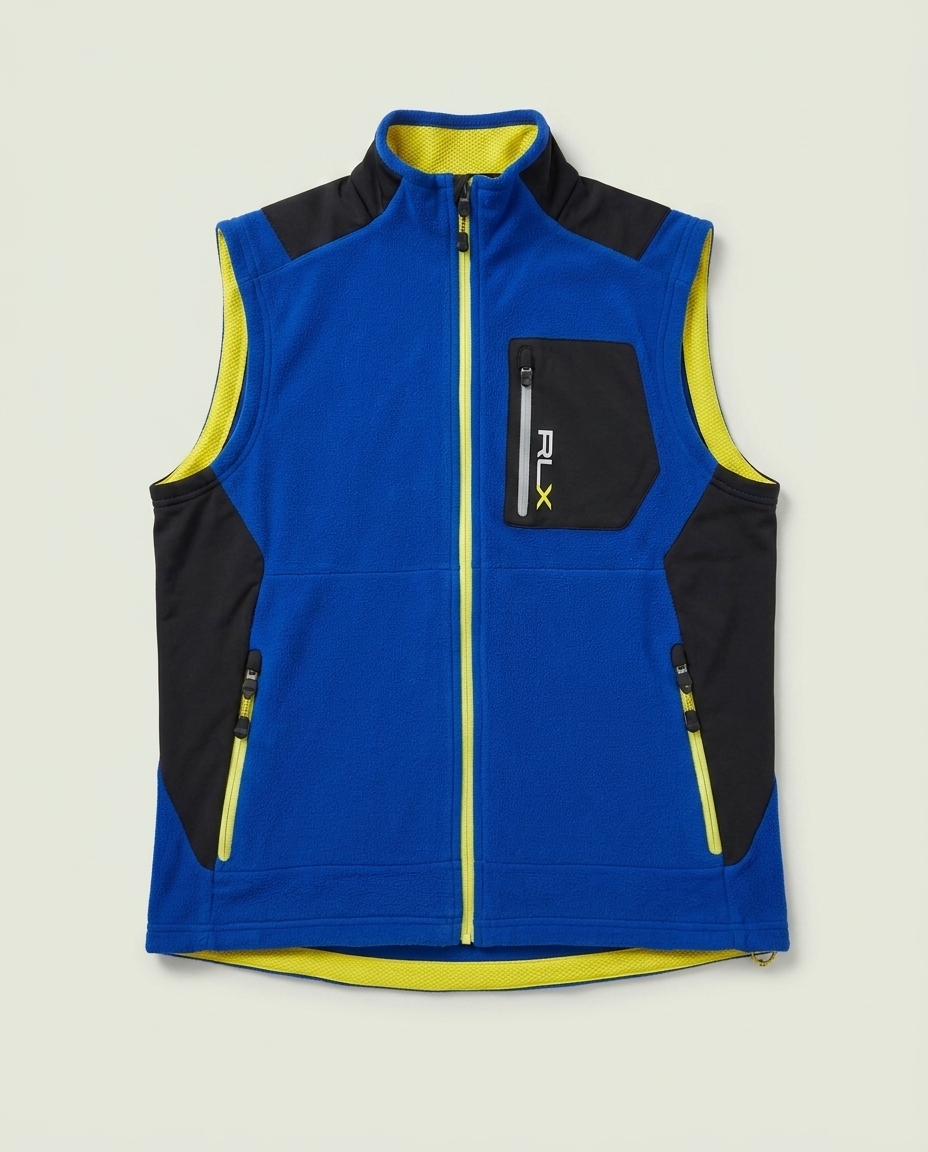 RLX Ralph Lauren Blue Yellow Fleece Gorpcore Vest M Full Zip Cinch