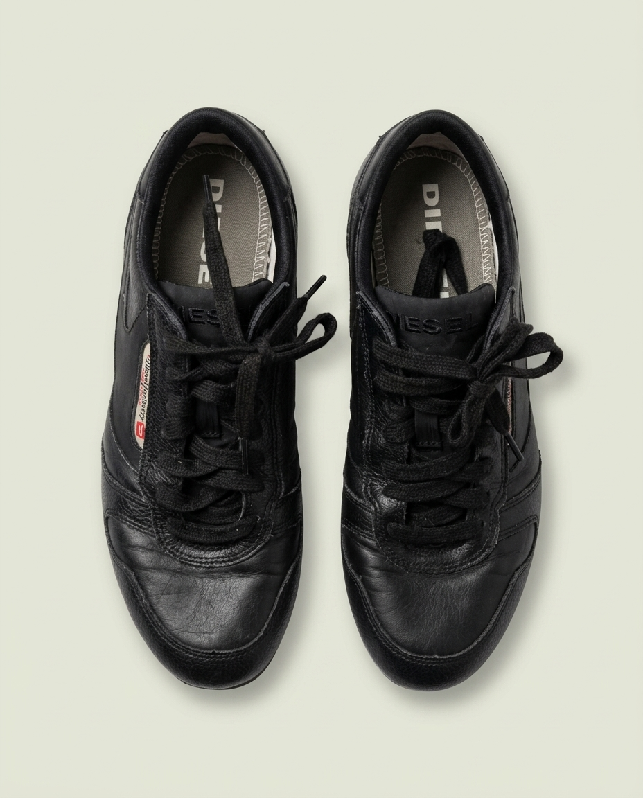 Y2K Diesel Black Leather Low Top Sneakers 7.5 Grunge Streetwear