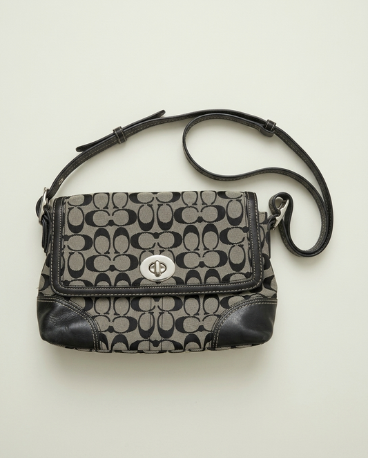 Coach Hampton Black Signature C Leather Trim Shoulder Bag Turnlock