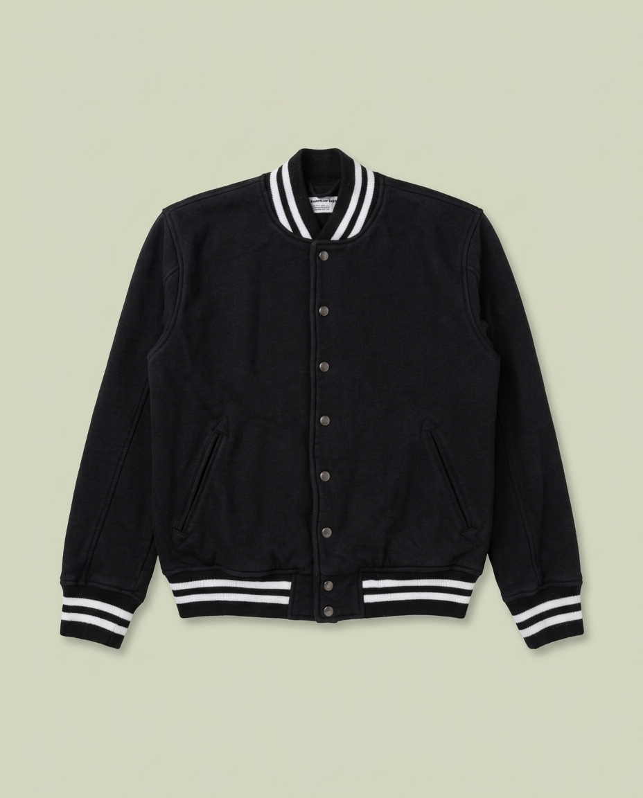American Apparel Black Fleece Varsity Jacket L Striped Trim Snap Button USA