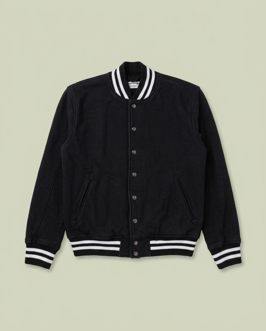American Apparel Black Fleece Varsity Jacket L Striped Trim Snap Button USA