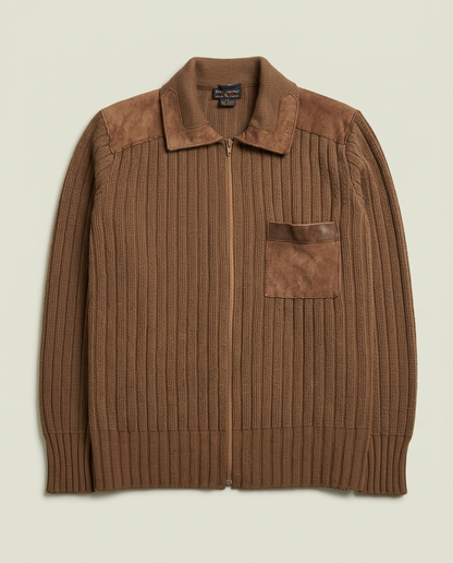 Vintage St Michael Brown Ribbed Suede Trim Zip Up Sweater 42