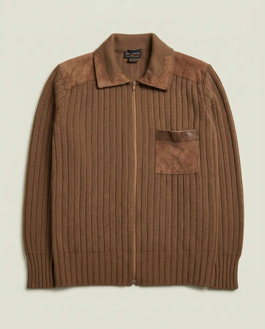 Vintage St Michael Brown Ribbed Suede Trim Zip Up Sweater 42
