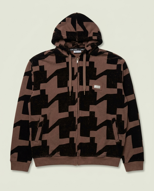 Y2K Karl Kani Brown Black Geometric Velour Zip Up Hoodie L