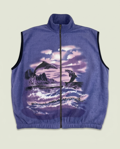Vintage Canada Wildlife Blue Dolphin Graphic Fleece Full Zip Vest L
