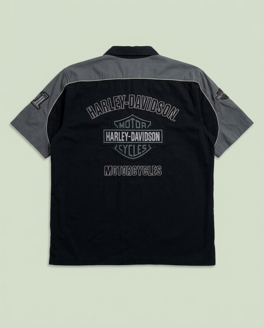 Harley Davidson Grey Motorcycle Mechanic Bowling Button Up Shirt L