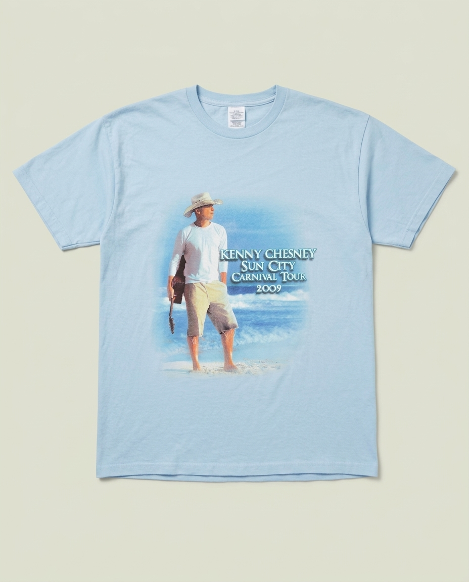 Vintage Gildan Light Blue Kenny Chesney Sun City Tour 2009 Graphic Shirt L