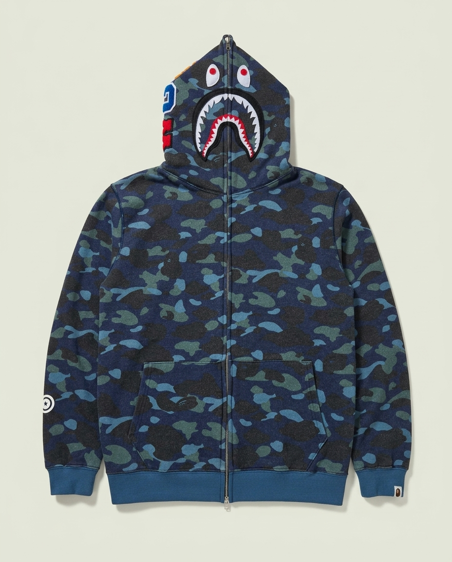 A Bathing Ape Blue Camo Shark Full Zip Hoodie 3XL WGM Patches