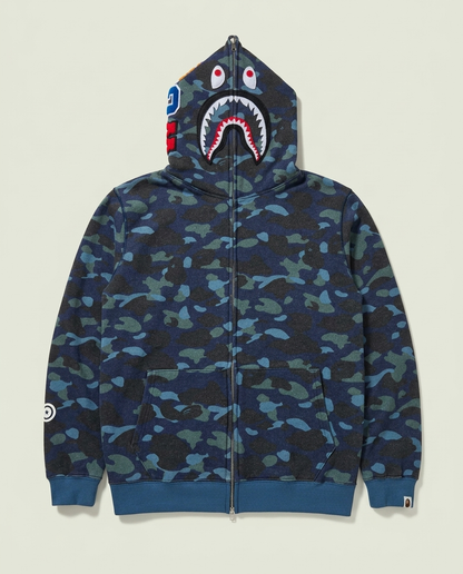 A Bathing Ape Blue Camo Shark Full Zip Hoodie 3XL WGM Patches