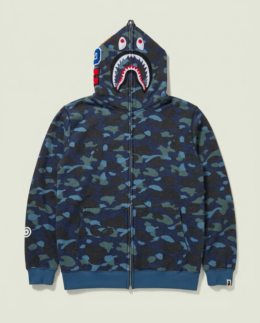 A Bathing Ape Blue Camo Shark Full Zip Hoodie 3XL WGM Patches