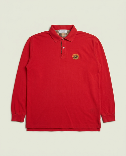 Vintage Burberrys Red Embroidered Crest Long Sleeve Polo Shirt L