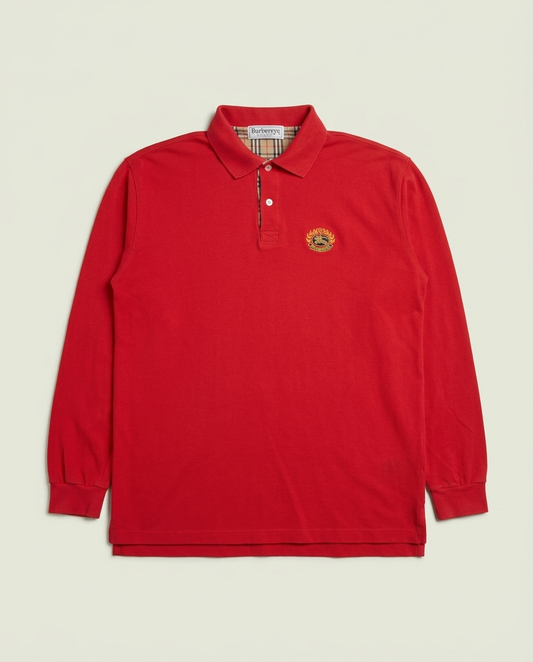 Vintage Burberrys Red Embroidered Crest Long Sleeve Polo Shirt L