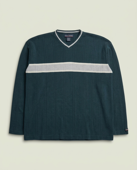 Y2K Point Zero Stripe Cotton V-Neck Ribbed Sweater L