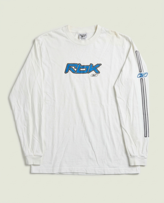 Y2K Reebok RBK White Graphic Long Sleeve Shirt S Made In Canada