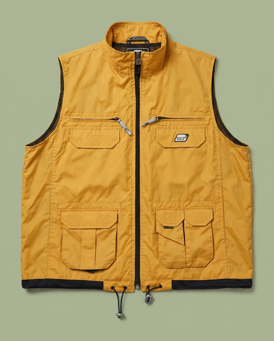 Y2K TXT Yellow Nylon Utility Gorpcore Multi-Pocket Full Zip Vest M