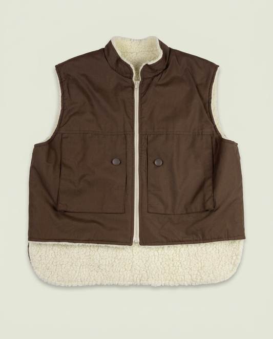 Brown Sherpa Lined Utility Pocket Zip Up Vest (M) Gorpcore Outdoors