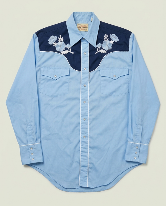Vintage Sears Roughshod Blue Floral Embroidery Western Snap Button Shirt L