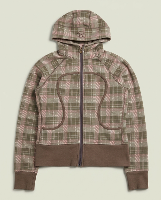 Y2K Lululemon Pink Brown Plaid Scuba Full Zip Hoodie 6 Thumbholes