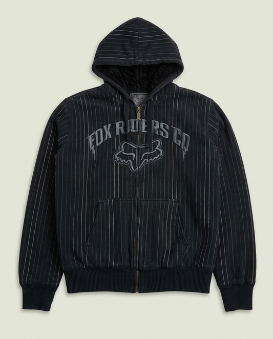 Y2K Fox Riders Co Black Pinstripe Sherpa Sasquatch Hoodie Medium Zip Up