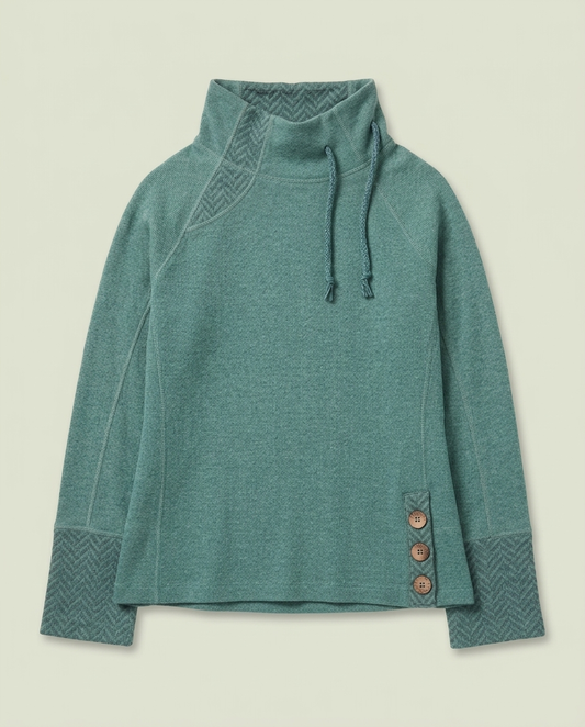 Prana Teal Ribbed Knit Funnel Neck Sweater XL Button Side Drawstring