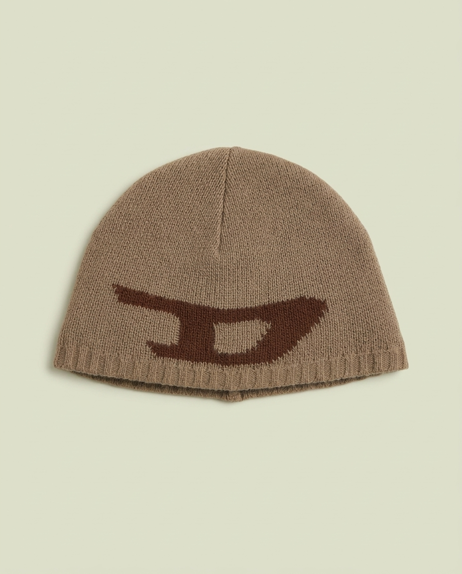 Y2K Diesel Brown Knit Large Logo Beanie Hat One Size Made In Italy