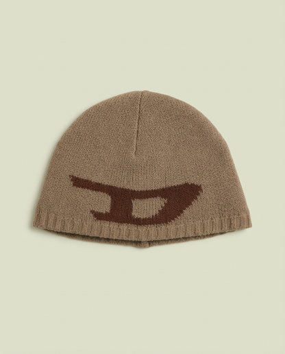 Y2K Diesel Brown Knit Large Logo Beanie Hat One Size Made In Italy