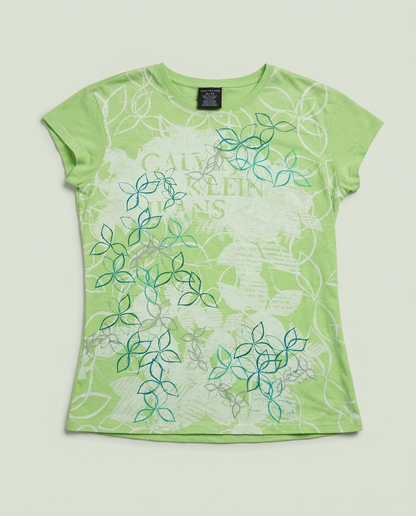 Y2K Calvin Klein Jeans Lime Green Floral Shirt XL Gilmore Girls Rachel Core
