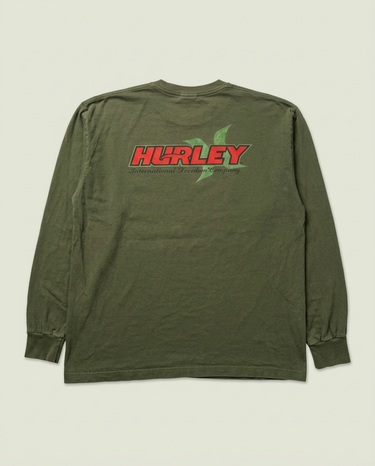 Vintage Hurley Olive Green Logo Graphic Long Sleeve Shirt XL Made In USA