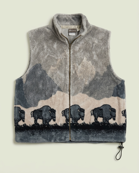 Vintage Outback Trading Co Grey Buffalo Wildlife Fleece Vest MD Gorpcore