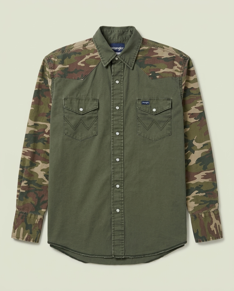Wrangler Olive Green Camo Western Button Up Shirt L Snap Button Ranch