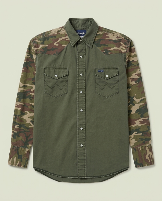 Wrangler Olive Green Camo Western Button Up Shirt L Snap Button Ranch