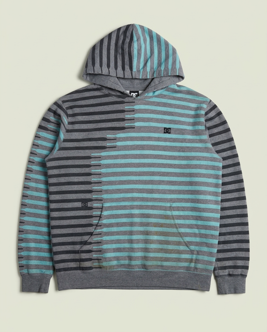 Y2K DC Shoes Grey Blue Striped Graphic Hoodie L Skate Streetwear Distress