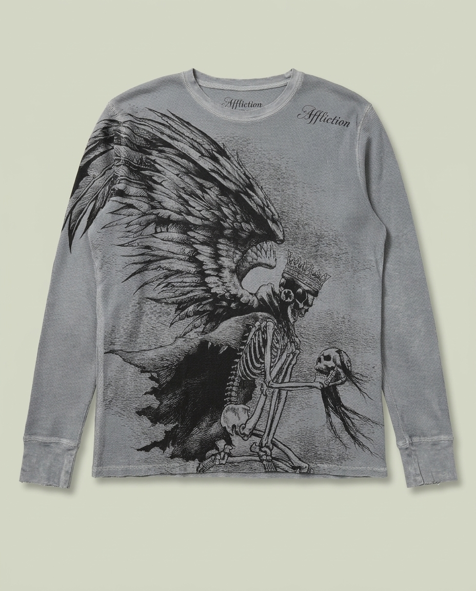 Y2K Affliction Grey Thermal Shirt Winged Skeleton Skull Graphic Grunge (L)