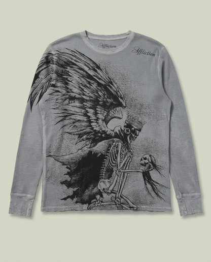 Y2K Affliction Grey Thermal Shirt Winged Skeleton Skull Graphic Grunge (L)