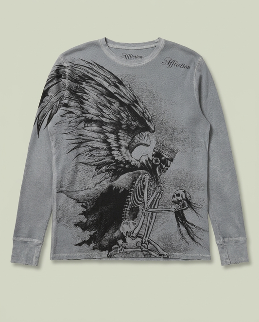 Y2K Affliction Grey Thermal Shirt Winged Skeleton Skull Graphic Grunge (L)