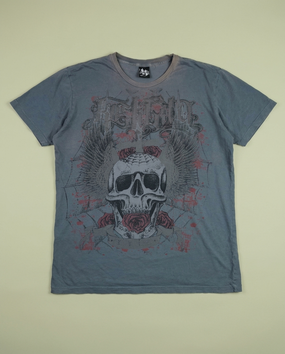 Y2K Hostility Grey Skull Wings Roses Graphic Shirt XL Grunge Metal Street