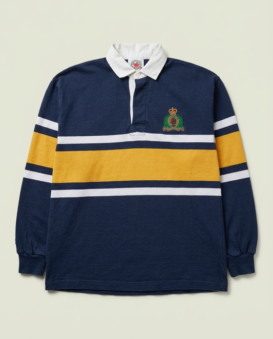 Vintage Barbarian Navy Blue Yellow Stripe RCMP Rugby Polo L Preppy Bloke